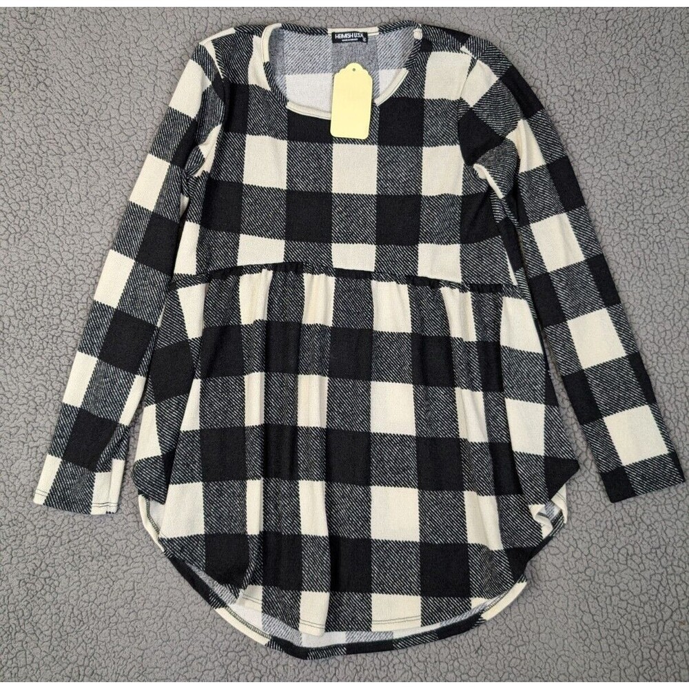 Heimish USA Womens Top Checkered Baby Doll Henley Tunic Sz Small Black Cream NWT